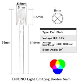 DiCUNO 100 pieces 5 mm RGB LED diodes, fast flashing LEDs, multi-coloured 5 mm LEDs for DIY, lighting project, handmade, 3.0-3.4 V, 20 mA
