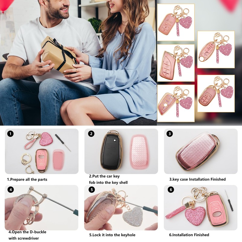 Simocky Key Fob Cover with Diamond Heart Keychain for Mazda