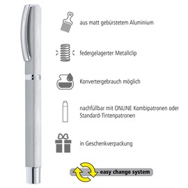 ONLINE 36645 Kalligrafie-Set Vision Silver, Füller mit 3 Kalligraphie-Federn Breite 0.8, 1.4,,1.8 mm, inklusive inklusive Calligraphy-Tintenpatronen, in edler Geschenk-Box, Schönschreib-Füller Silber