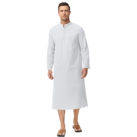 LVCBL Linen Thobes Mens Loose Fit Muslim Robe Dishdash White 2XL