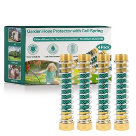 Garden Hose Protector with Coil Spring (4 Pack) – 3/4" Hose Extension Adapter, Heavy-Duty Brass & PVC Kink Protector, Leak-Free Hose Saver with Extra Washers for Garden, Lawn & Outdoor Use