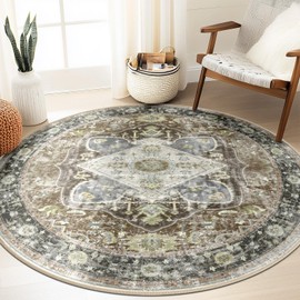 RELEANY 6ft Area Rug Vintage Machine Washable Low Pile Carpet No Shedding Area Rugs for Living Room Bedroom Dining Room Kitchen Entryway Hallway Office Indoor-Dark Green/Brown/Multi