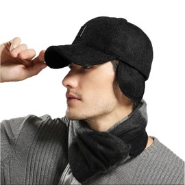 Mens Winter Earflaps Baseball Cap Classic Peaked Hats Plain Visor Dad Hat with Foldable Ear Warmer Windproof Trapper Hat Hunting Hat Outdoor Sports Cycling Cap Black