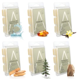 ANTAVA Set de 6 Cubos de Cera Aromaticos Premium - Lluvia de Primavera, Ambar, Vainilla, Sándalo, Pino Nordico, Madera Exotica - Calentador de Cera Aromatica -36 Cubitos (Maderas & Primavera)