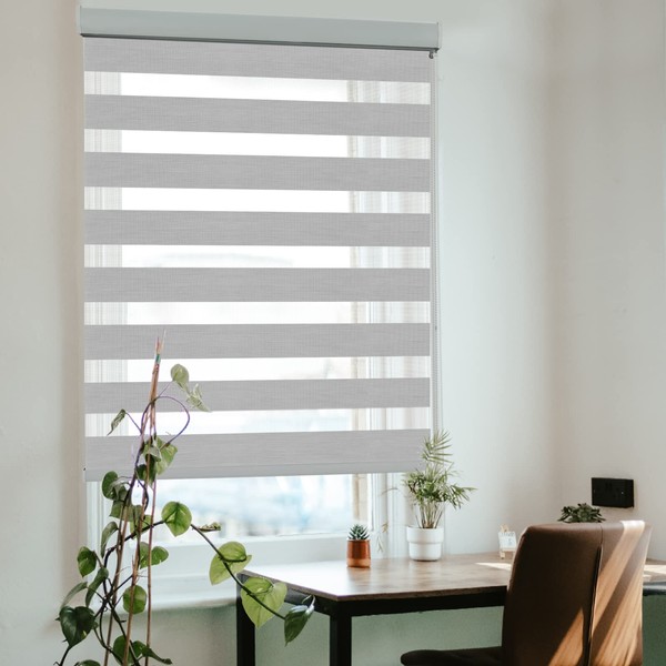 KCO Zebra Blinds for Windows, Dual Layer Roller Sheer Shades Blinds for Day and Night, Light Control Window Treatments Shades with Valance Cover, 39" W x 72" L, Marble Grey