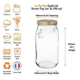 Le Parfait Screw Top Jar Wide Mouth French Glass Jar | Ideal for Food and Soup Storage, Canning, Flour, Brown Sugar, and other Baking Supplies (3L/96oz, Pack of 3, Gold)