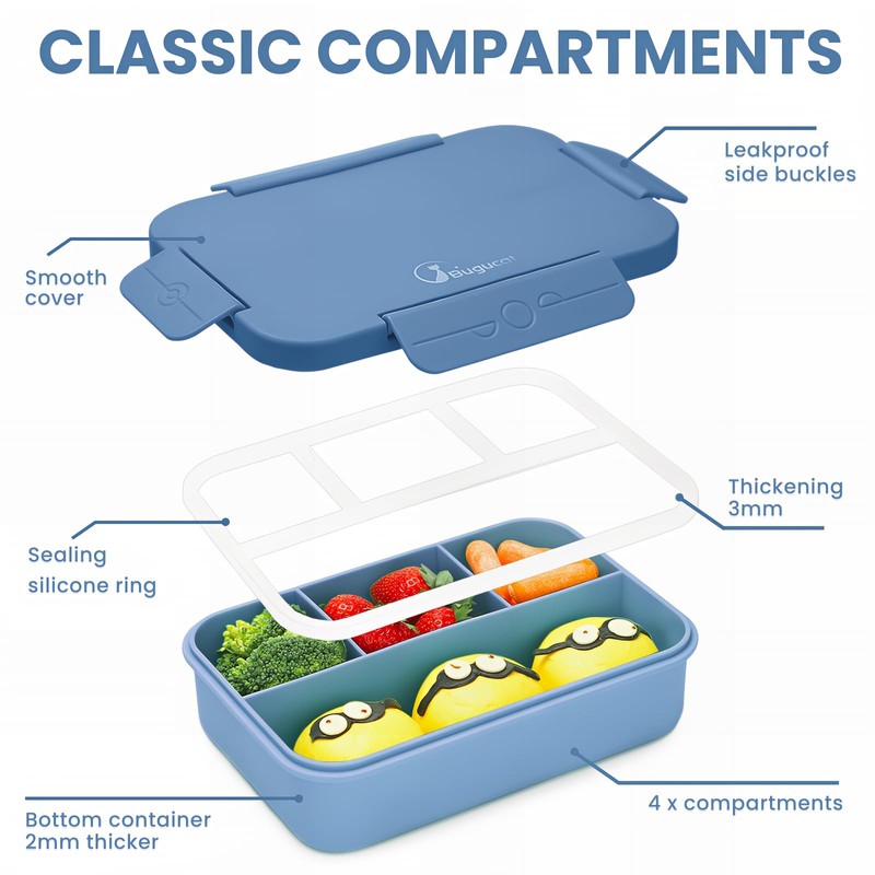 Bugucat Bento Lunch Box 1300ML - Leak-Proof with 4 Compartments,