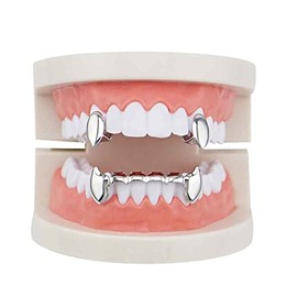 Psivika Gold Plated Shiny Hip Hop Teeth Grillz Caps Iced Out CZ Top and Bottom Vampire Fangs Grillz for Men and Women (Silver)