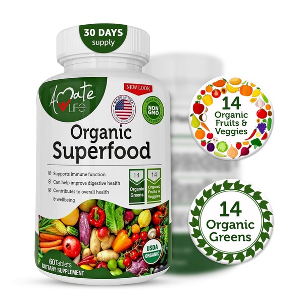 Organic Superfood Greens Fruits and Veggies Complex - Best Dietary Supplement with 14 Greens and 14 Fruits & Vegetables with Alfalfa Rich in Antioxidants Organic Ingredients Non-GMO 60 Tablets