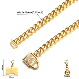 RUMYPET Gold Chain Dog Collar Walking Trainning Chain Collar with CZ Lock ID Tag and Bell Chew Proof 11MM/15MM/19MM Stainless Steel Cuban Link Chain for Small Medium Large Dogs(11mm, 10inch)