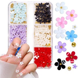 3D Flower Nail Art Charms, White Flowers Nail Charms for Acrylic Nails Flower Nail Decals Nail Art Supplies Floret Five Petaled Floral Resin Small Steel Nail Design DIY Summer Nail Decorations 6 Grids