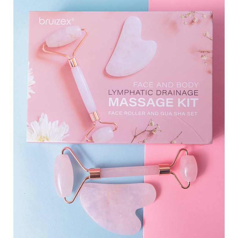 Bruizex Lymphatic Drainage Face Massager Set: Rose Quartz Face Roller