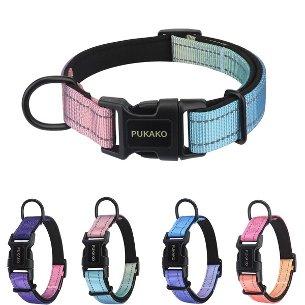 PUKAKO Reflective Dog Collar, Adjustable Soft Neoprene Padded Nylon Pet