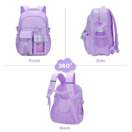 IHCEMIH School Backpack, Girls Cute Bags for Primary Secondary School Multi Pocket Casual Plain Daypacks Childrens Travel Rucksack Elementary Book Bag Pack with Keychain Badges for Teen Kids Purple