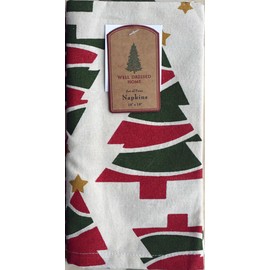 Well Dressed Home Set of 4 Fabric Napkins Holiday Red Green Christmas Trees with Gold Stars on a Cream Background
