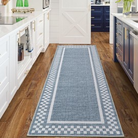 GarveeHome Kitchen Runner Rug Washable Runner Rug 2x6 for Hallway Non Slip Soft Throw Runner Carpet Modern Bordered Bathroom Mat Low Pile Checkered Runner Rugs for Bedroom Living Room Entry, Blue