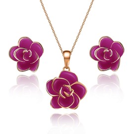 EVEVIC Rose Flower Necklace Earrings for Women Fashion 18K Gold Plated Hypoallergenic Jewelry Sets (Purple/Rose Gold-tone)