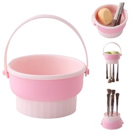 ADETON Makeup Brush Cleaner Mat, Pink 3 in 1 Silicone Make Up Brushes and Tools Cleaning Bowl, Pad, Drying Rack, Organizer Storage Holder, Cosmetic Brushes and Sponge Cleansing (C - PINK)