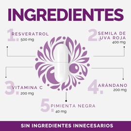 OBY Pure Resveratrol | Suplemento Alimenticio con Antioxidantes: Resveratrol más Semilla de Uva, Vitamina C, Arándano y Pimienta Negra (120 Cápsulas)
