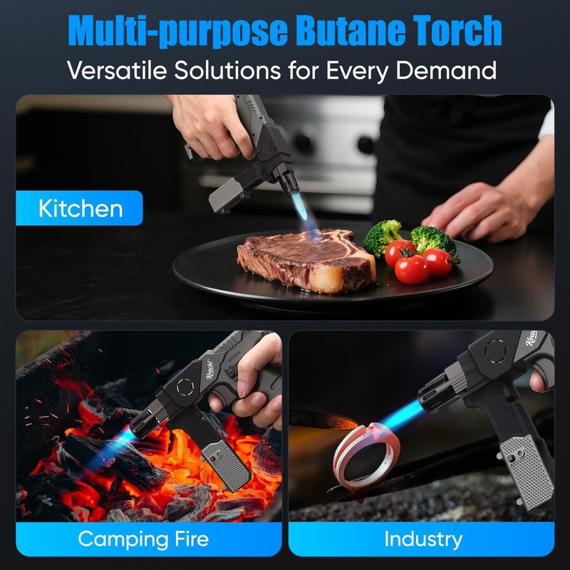 Butane Torch with Pulse Ignition, Foldable Handle, Safety Lock, LED