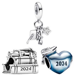Feitery - Abalorio de graduación 2024, compatible con pulseras Pandora, abalorio dorado, con corazón, graduación, regalo para nieta, Zirconia cúbica, Circonita cúbica, Juego de A