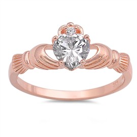 Clear Heart Shaped Cubic Zirconia Claddagh Ring Rose Gold-Tone Plated Sterling Silver Size 8