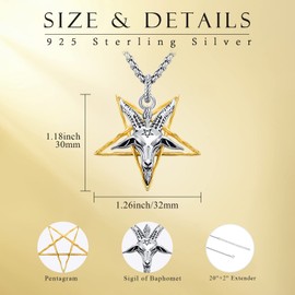 Satanic Necklace Mens,Sterling Silver Sigil of Baphomet Necklace Satanic Pentagram Pendant Gothic Jewellery Father's Day Graduation Gift