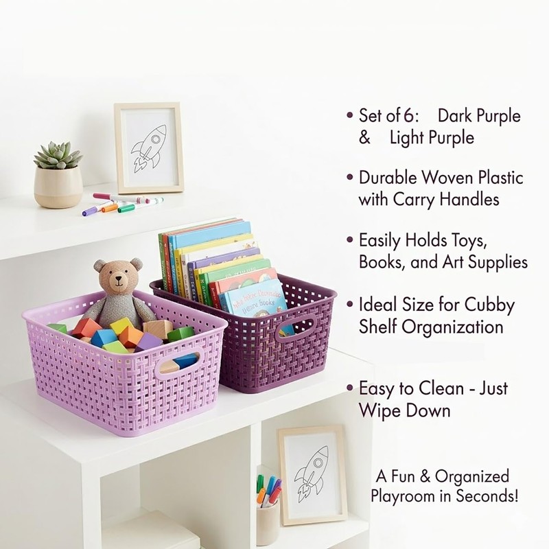 6-Pack Small Baskets, Purple Plastic Open Storage Weave Basket Versatile