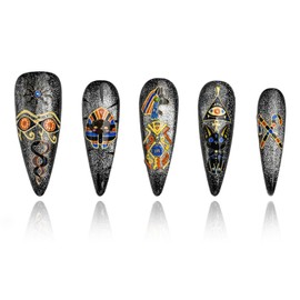 FORBELOVED NAILS|Glitter Cat Eyes Silvery Y2K Handmade Press On Nails|Long Stiletto Stick on Nails|Hand-Painted Gold Foil Bastet False Nails For Women And Girls|10Pcs/Set With Glue|(Silvery-L)|FOB