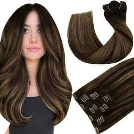 Hetto Brown Clip in Hair Extensions Real Human Hair Balayage Clip in Extensions Remy Human Hair Clip in Extensions Balayage Darkest Brown to Ash Brown 2/8/2 12Inch 80g 7pcs