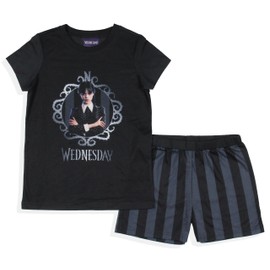 INTIMO Wednesday Addams Girls' Striped Sleep Pajama Set Shorts and Shirt (18/20) Black