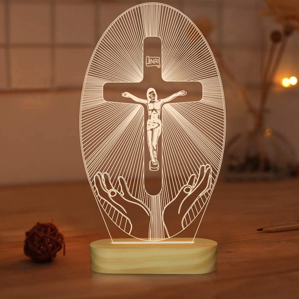 Jesus Cross 3D Night Light, Christ Optical Illusion Lights, Warm White Wooden Handmade, The Lord Desk Lamps Room Home Decor Xmas Birthday Easter Gifts(jesus1)