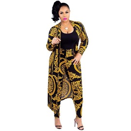 Max2co Women 2 Piece Outfits Floral Long Sleeves Open Front Cardigan Cover up with Leggings High Waist Long Pants Set Gold L