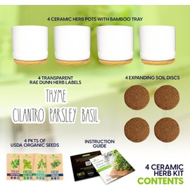 Deluxe Ceramic Indoor Herb Kit 4 Set. Variety Herbs for Indoor & Outdoor – Get Growing with Pots, Potting Soil for Window Herb Garden. (Ceramic Edition)