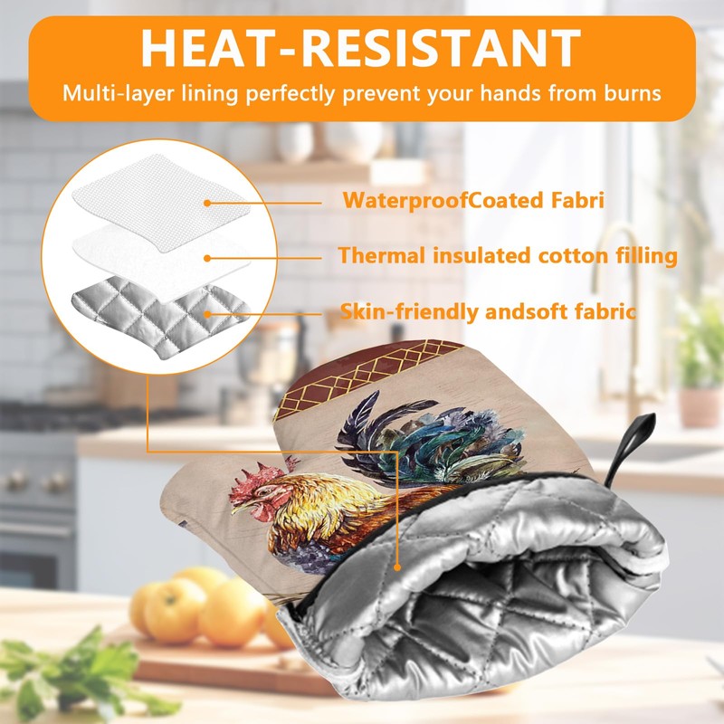 Rooster Oven Mitts and Pot Holders Sets 4Pcs,Extra Long Oven