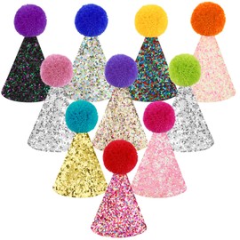 Hooqict 10 PCS Mini Small Party Hats for Stuffed Animals Birthday Party Cone Hats with Pom Poms for Baby Small Dogs Cats Party Animals Toy Figures, Assorted
