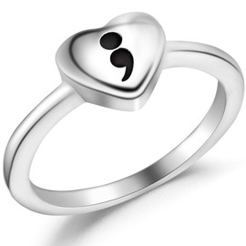 Jude Jewelers Stainless Steel Heart Shape Inspirational Mantra Semicolon Statement Cocktail Party Ring (Silver, 9)