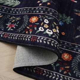 Rugcomf Living Room Rug 6x9 Rug Machine Washable Boho Area Rug Non Slip Floral Animal Vintage Low Pile Large Rug for Living Room, Bedroom, Farmhouse, Dining Room, Kids Playroom (Blue)