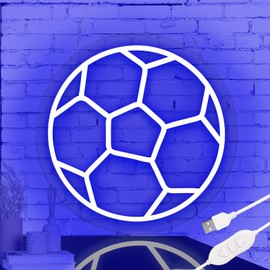 Soccer Neon Signs for Bedroom Wall Decor, Dimmable Football Led Neon Light, 12'' X 12'' with Hanging Chain Hooks, Home Neon Powered by Usb, Suitable for Game Room, Club, Gifts, Birthday Party (Blue)