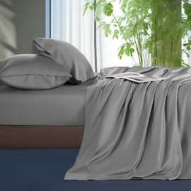 Shilucheng Tencel Sheets 4 Piece, 100% Eucalyptus Lyocell Sheets Set, Cooler Than Cotton and Linen, Summer Cooling Breathable Bed Sheets for Hot Sleepers, 16 Inch Deep Pockets (Grey, Queen)