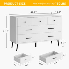 DWVO White 7 Drawer Dresser, 47" W Large Double Dresser Chest of Drawers, Modern Wood Storage Organizer with Black Metal Handles & Anti-Tipping Device for Hallway, Entryway