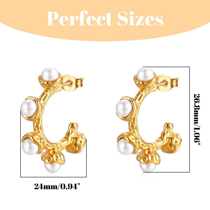 Pearl Hoop Earrings for Women 18K Gold Plated Chunky Gold