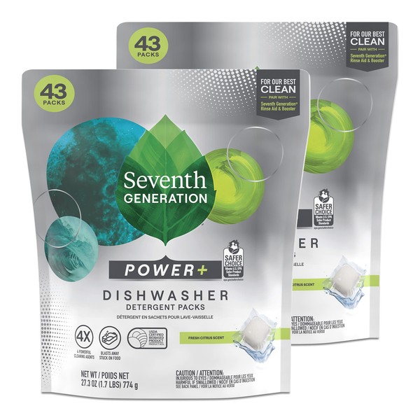 Seventh Generation Power+ Dishwasher Detergent Packs for Sparkling Dishes Fresh Citrus Scent Dishwasher Tabs 43 Count, Pack of 2