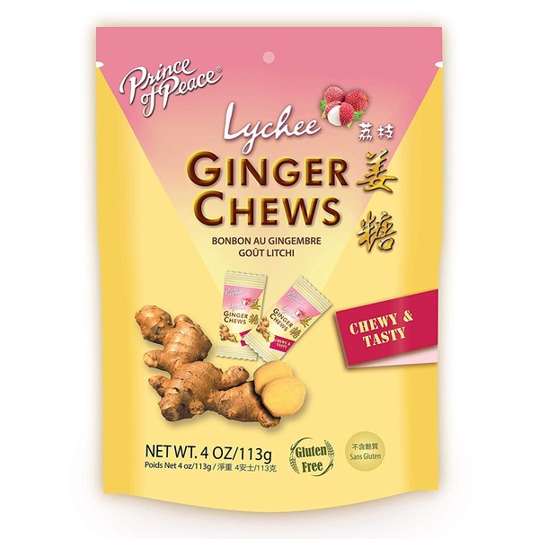 Prince of Peace Ginger Chews with Lychee, 4 oz. – Candied Ginger – Lychee Flavored Candy – Lychee Ginger Chews – Ginger Candy for Nausea
