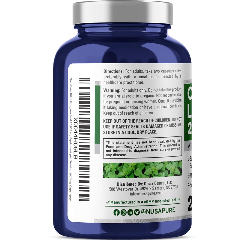 NusaPure Oregano Oil Extract 20000mg | 200 Veggie Powder Capsules
