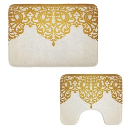 Ambesonne Antique Bathroom Rug Set 2 Pieces, Victorian Style Medieval Motifs Classic Baroque Oriental Shapes Print, Water-Resistant Rectangle Floor Rug & U-Shape Contour Mat, Pale Brown Cream