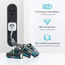 paleblue USB Rechargeable AA Batteries (12-Pack) - 2550mWh Lithium Ion, 1.5V, 1000+ Charge Cycles, Includes (3) 4-in-1 USB-A to USB-C Charging Cables, LED Charge Indicator, Quick 1.9 Hour Charging