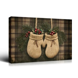 Christmas Gift Holiday Wall Decor - Knit Mittens, Pine & Holly Berries, Great for Festive Cheer Perfect for Home Christmas DecorColor: multi color, Size: 36*24 inch