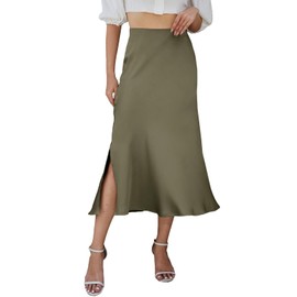 HERBATOMIA Women’s Satin Midi Side Slit Skirt High Elastic Waisted Fishtail Zipper Elegant Green Long Skirts for Women