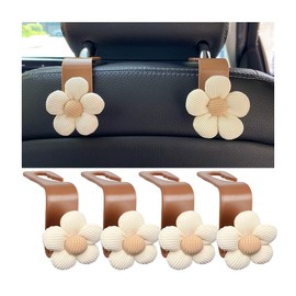 KHGUZ 4PCS Car Headrest Hooks, Cute Flower Vehicle Seat Organizer Hooks for Purses and Bags, Portable Automotive Purse Hanger Holder Decoration, Universal for SUV, Sedan, Truck (Beige/Brown)